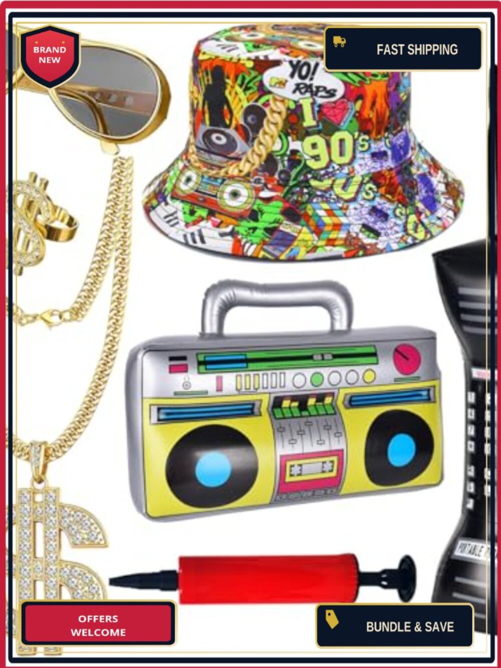 80s 90s Hip Hop Costume Accessories Set 7 Pcs Rapper Party Outfit Kit with